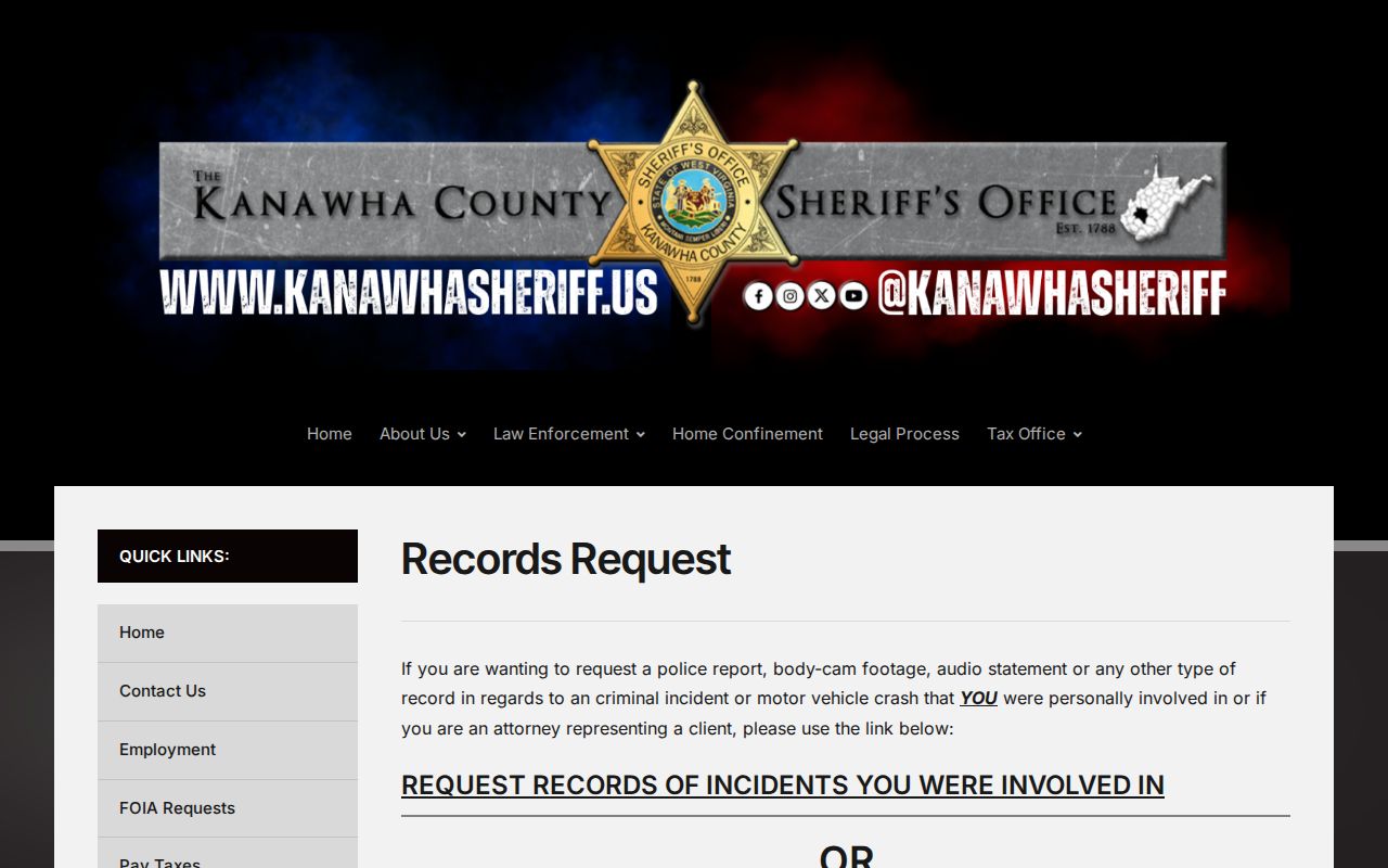 Kanawha County booking record request page